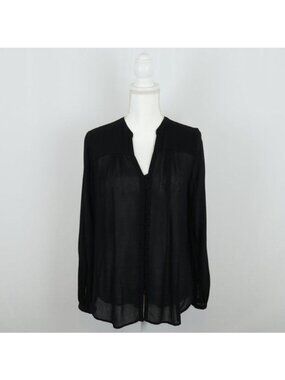 Lucky Brand Women's Small Black Semi-Sheer Pleated V-Neck Button Up Shirt